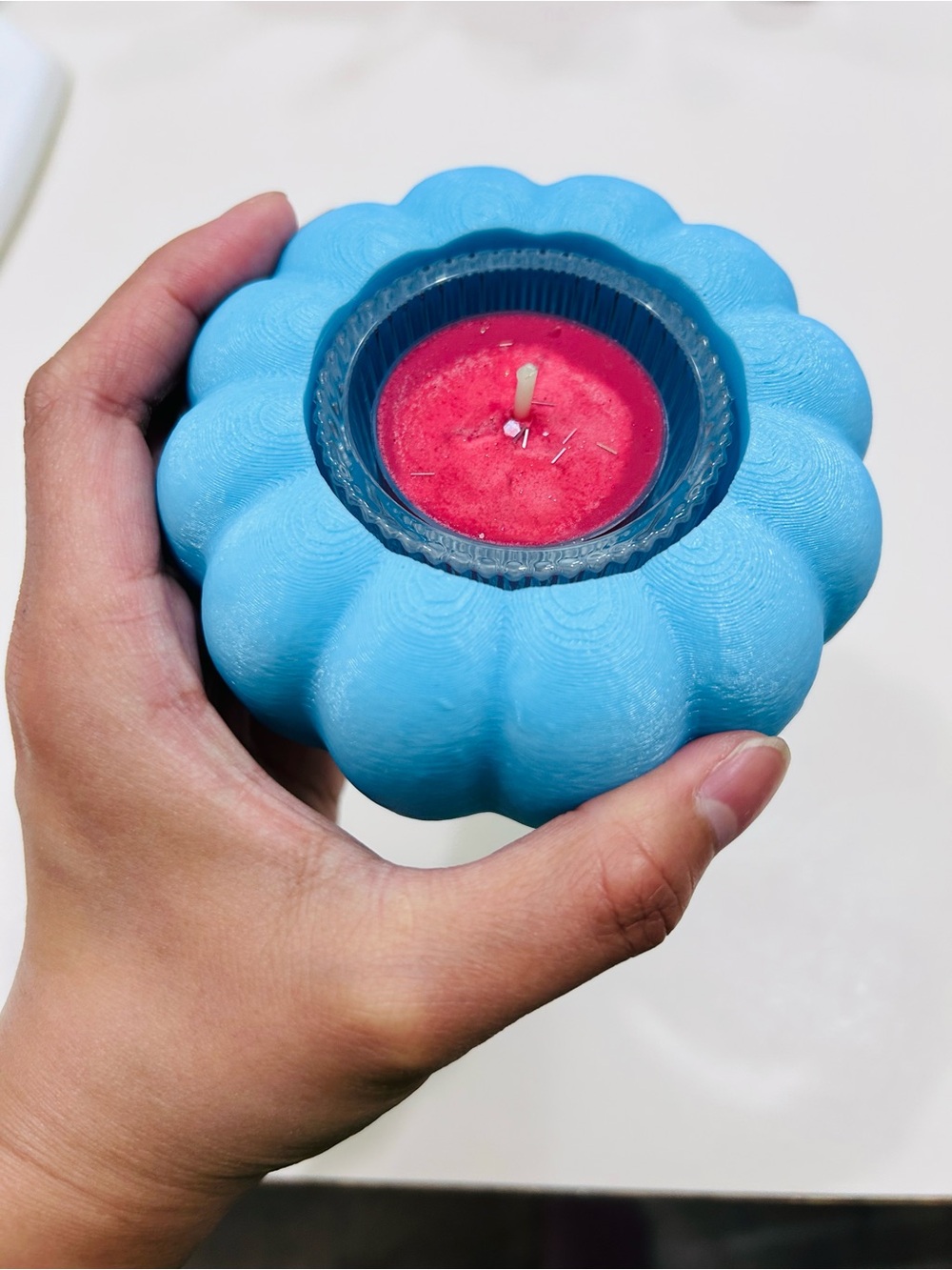 Blue Decorative Candle Holder with Red Candle